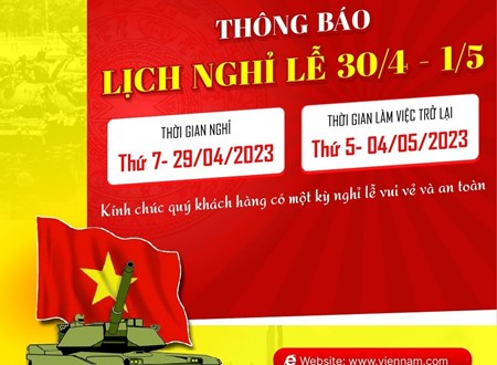 Thông báo Lịch nghỉ Lễ Giỗ tổ Hùng Vương và Lễ 30/04/2023 - 01/05/2023